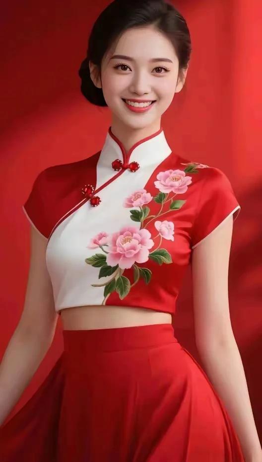 中国服饰，东方文化红袍美女，闪耀神州焕彩琼楼，袅袅身姿韵味长留，端庄温柔