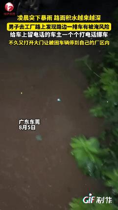 广东东莞凌晨下大暴雨，一男子去工厂路上发现路面积水越积越深，路边一排汽车有被淹的