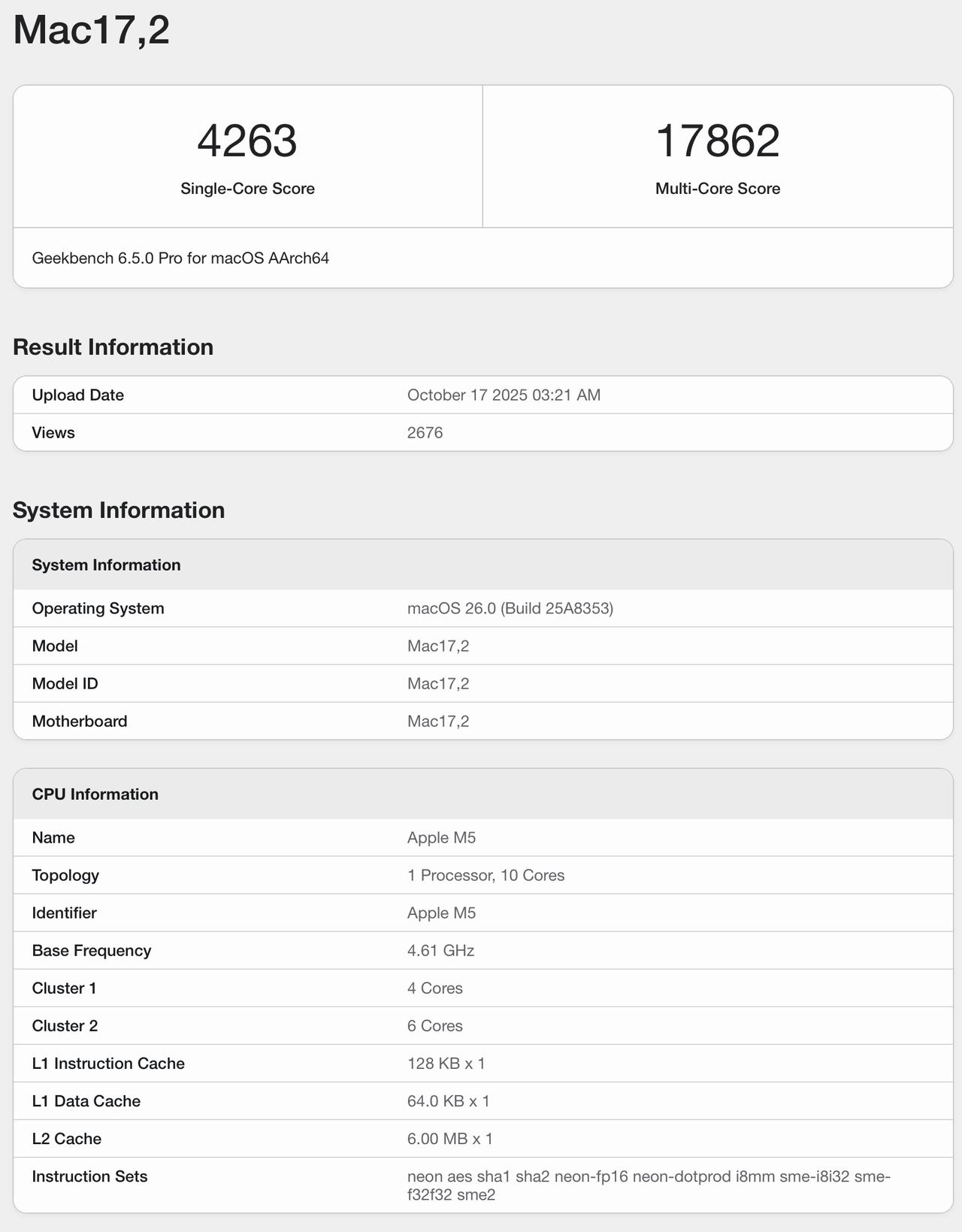 苹果M5MacBookPro跑分：单核4263，多核17862苹果M4M