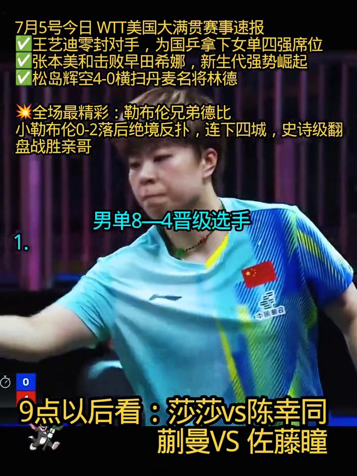 7月5号今日WTT美国大满贯赛事速报。·王艺迪零封对手，为国兵拿下女单四强席位