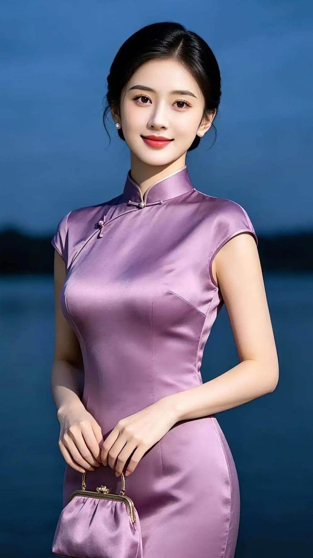 上阕深蓝暮色温柔，紫缎轻裁锦绣。立领盘扣微收，珍珠暗藏清眸。