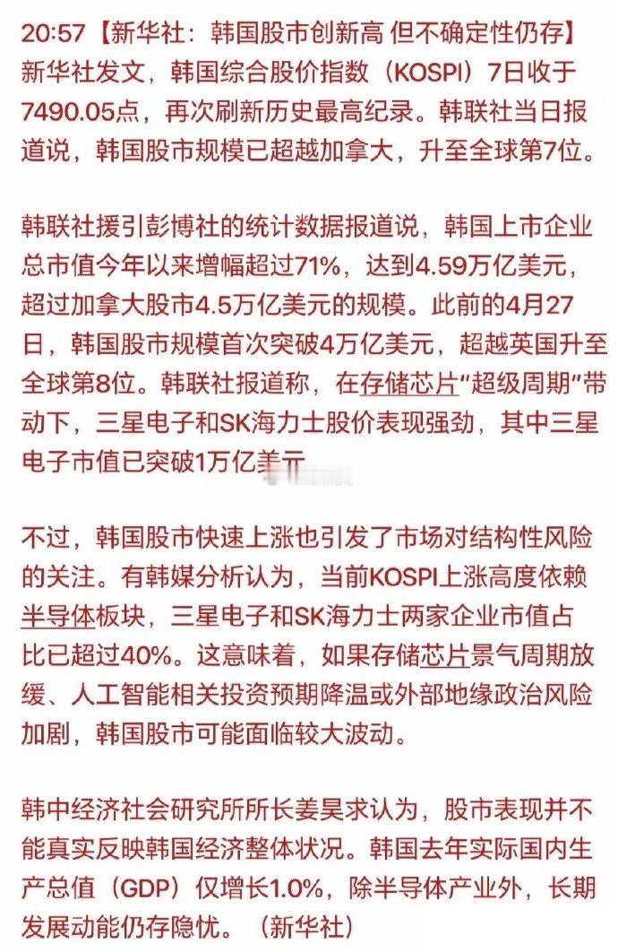 兄弟们，不是阿昊我担心科技股涨这么猛会调整啊！就连新华社都开始为韩国股市“崩盘式