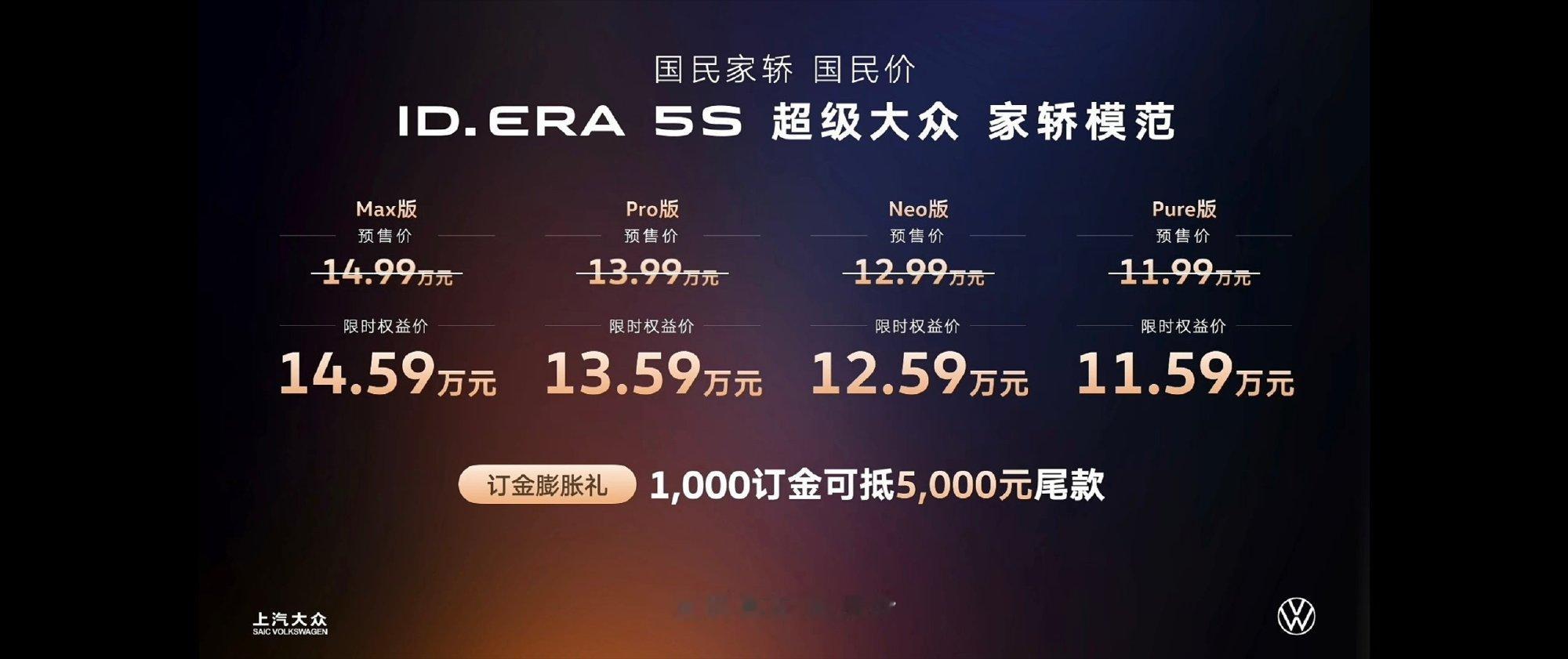 大众ID.ERA 5S目前推出4款配置 价格如👇  • Pure版...