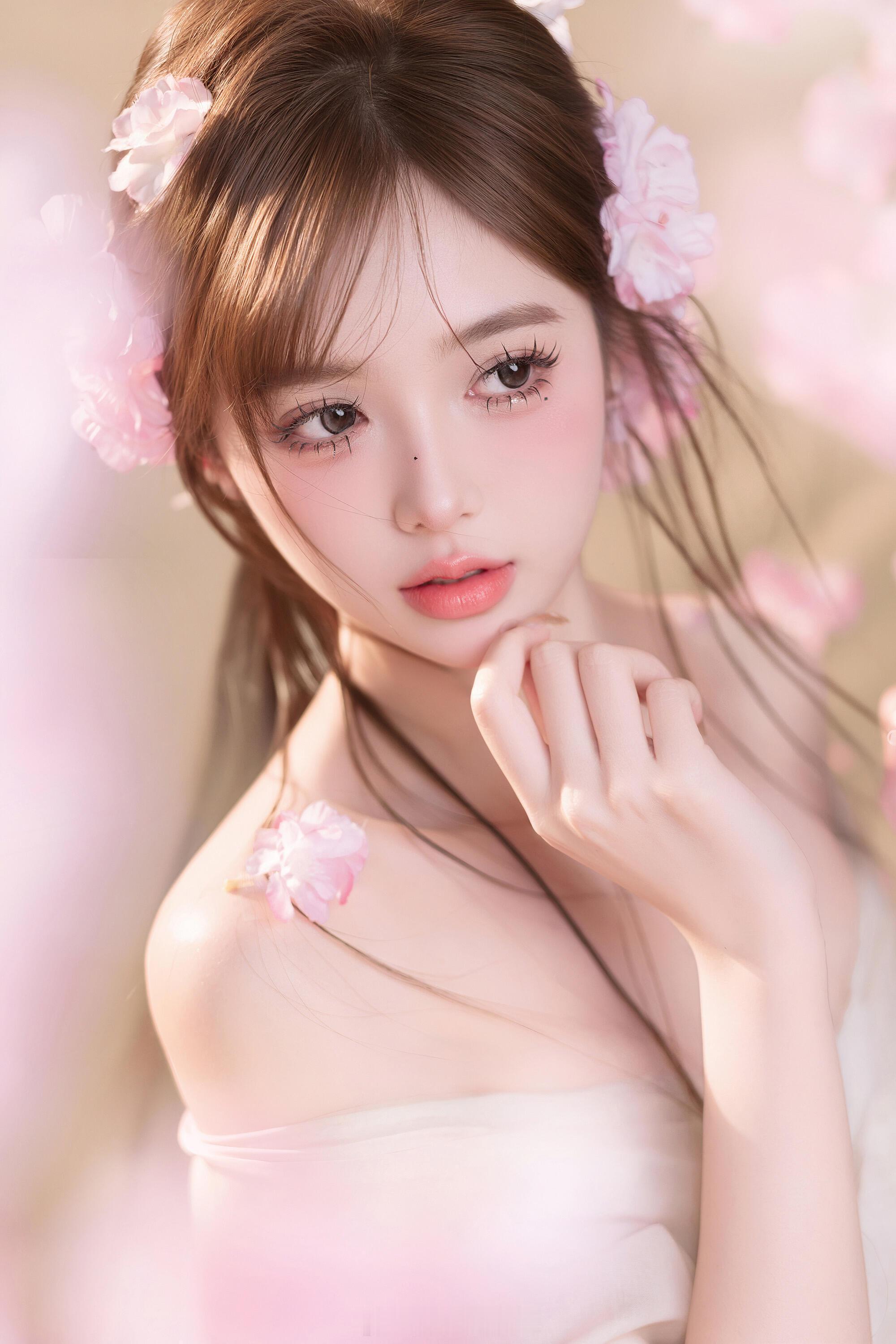 日常低机位仰拍勾勒出少女舒展的线条，侧逆光柔化了轮廓，粉樱枝桠缠绕身旁，浅杏色