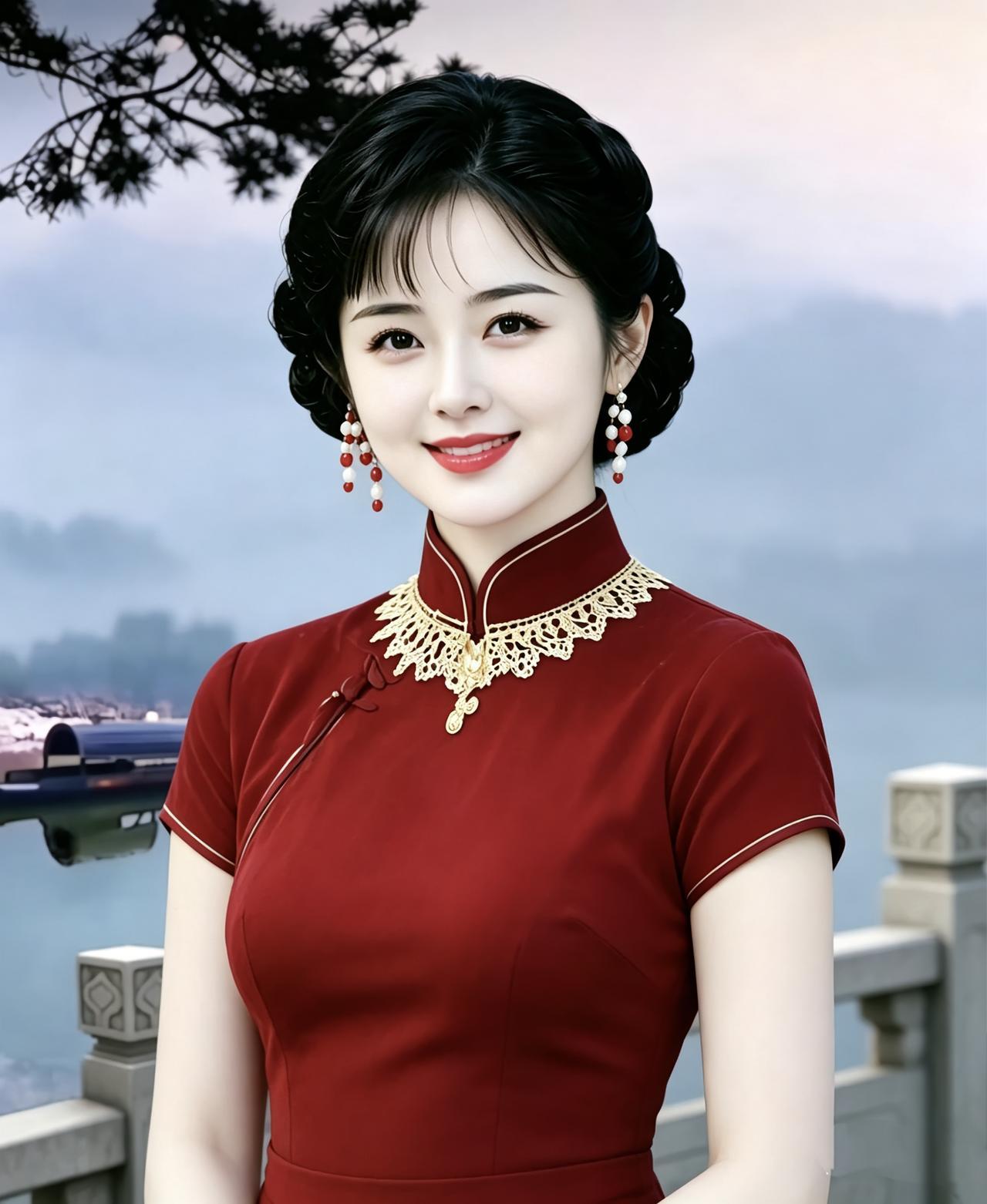 这位女士穿着旗袍，微笑着站在湖边。