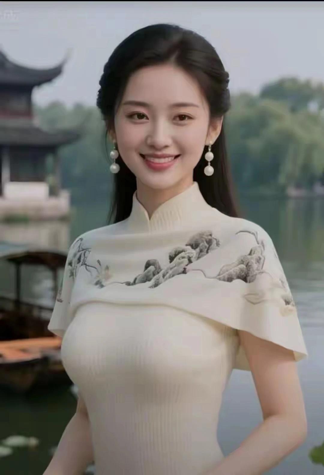 蒹葭苍苍，白露为霜。有位佳人，在水中央。出水芙蓉，亭亭玉立。嫣然一笑，百媚