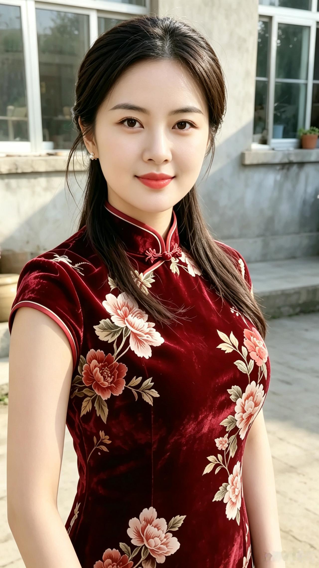 旗袍佳人古院晴光落酒红，丝绒牡丹衬芳容。清颜取自宫前影，温婉风华自不同。