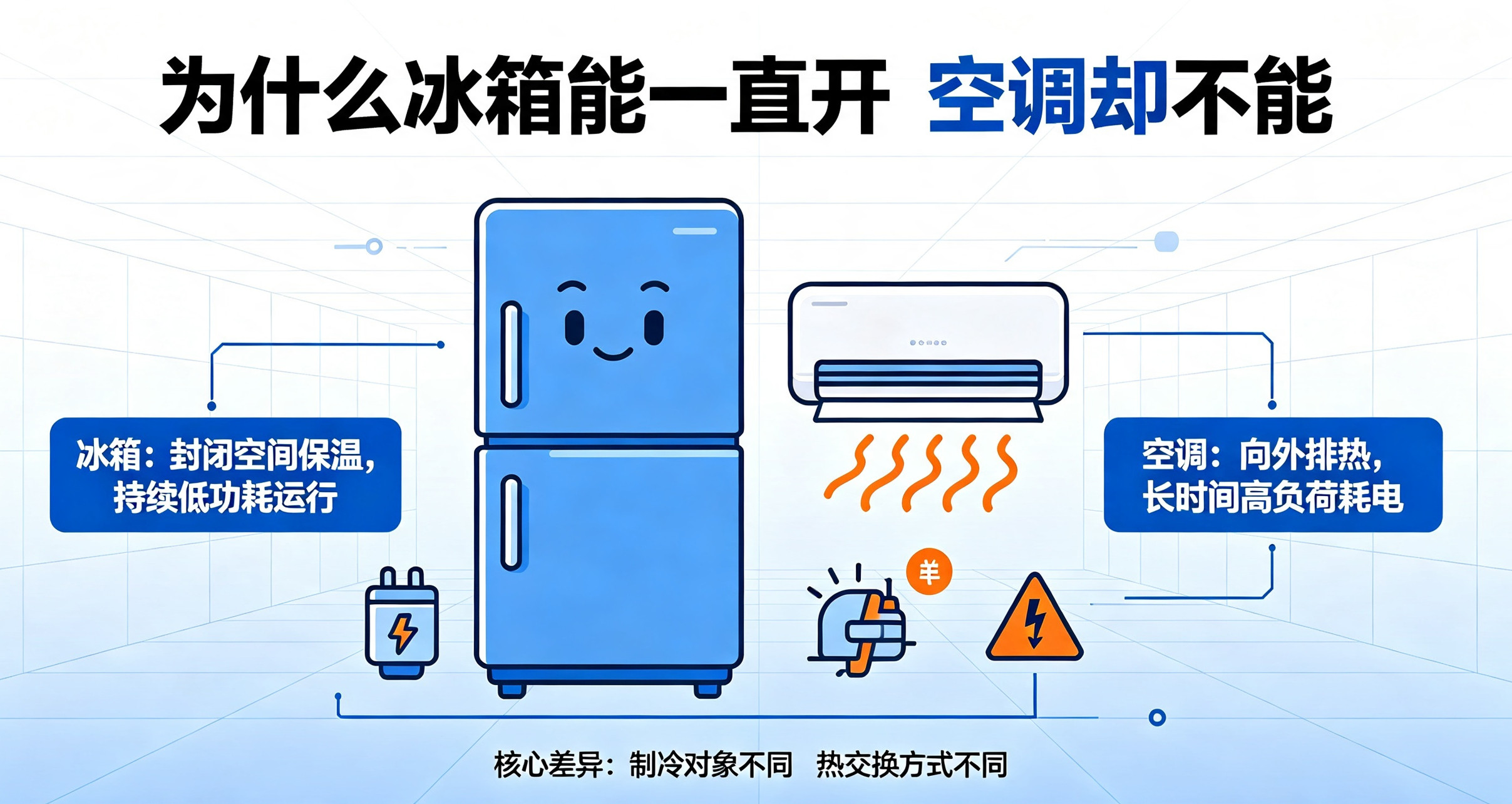 为什么冰箱能一直开但空调不能我第一反应是——谁说的不能？只要你舍得电费，空调