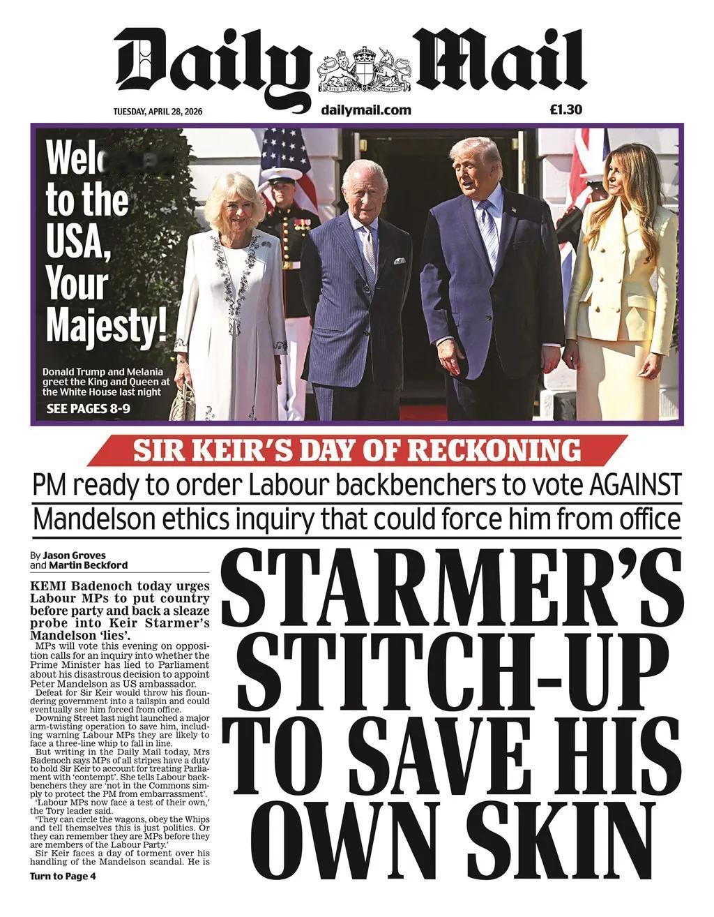 英国保守党领导人凯米·巴德诺克试图调查首相基尔·斯塔默爵士是否对英国议会撒谎，掩