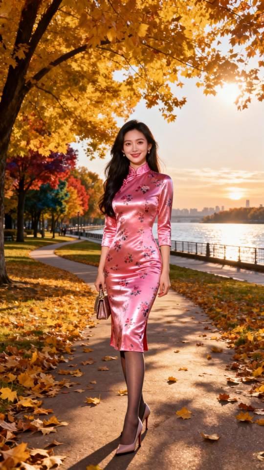 粉色旗袍女子河边摆拍。旗袍女旗袍