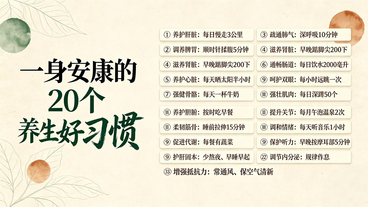 一身安康的20个养生好习惯①养护肝脏：坚持慢走，每日步行3公里。②