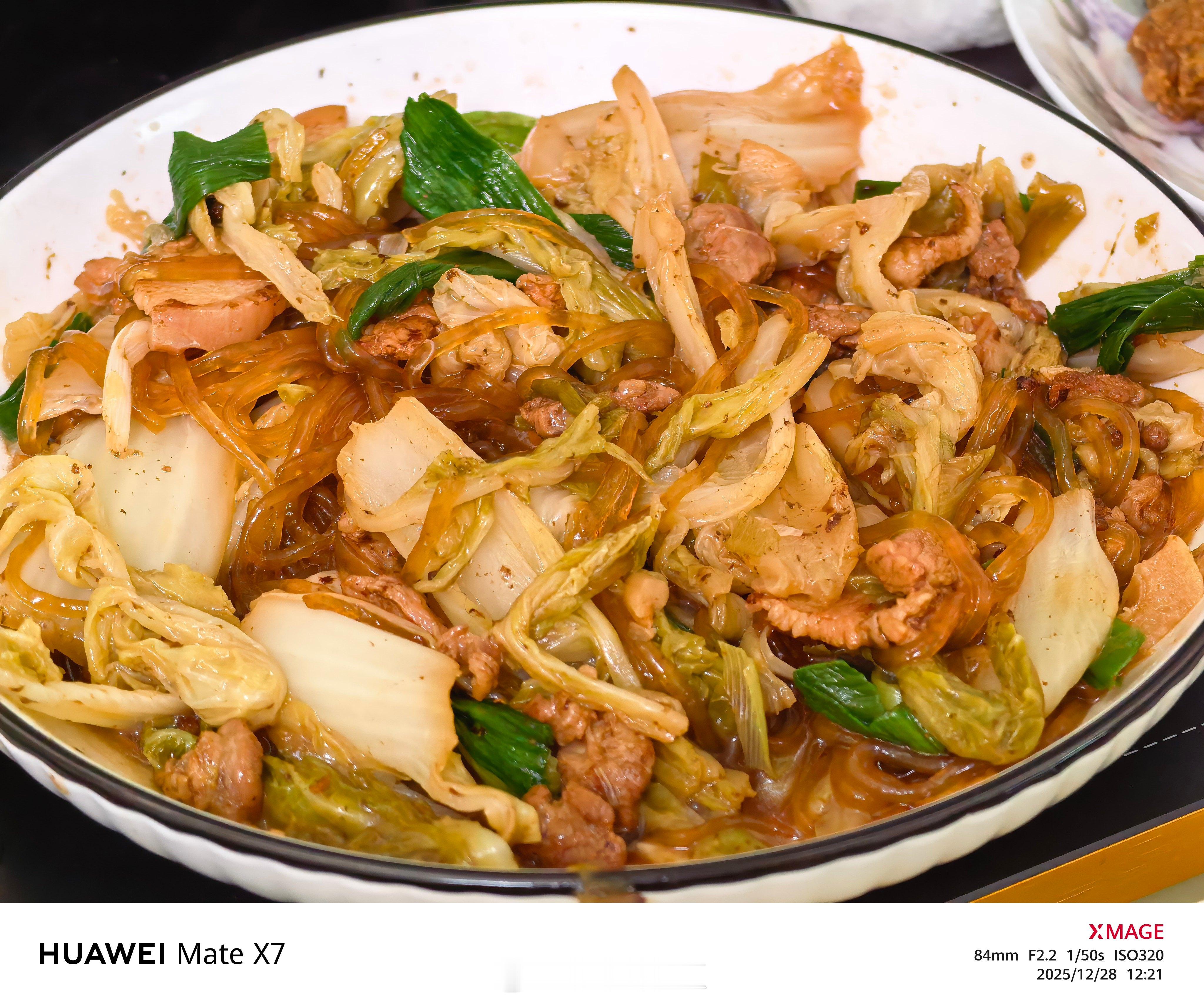 今日经典菜：猪肉白菜粉条。这个粉条是用红薯做的，而不是常见的白色的米粉。吃起来