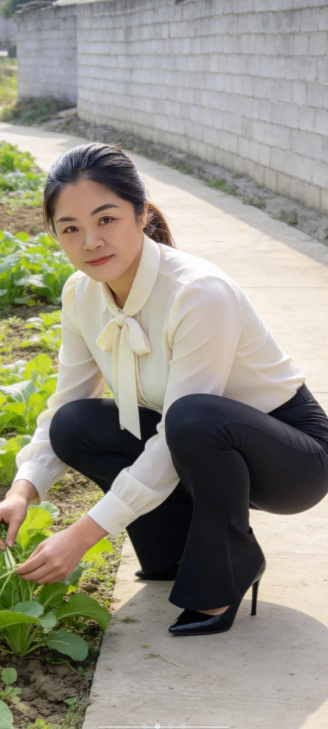 穿十厘米高跟蹲菜地里，想拍个“都市丽人回归田园”，结果脚一滑差点栽进菜畦。好吓人