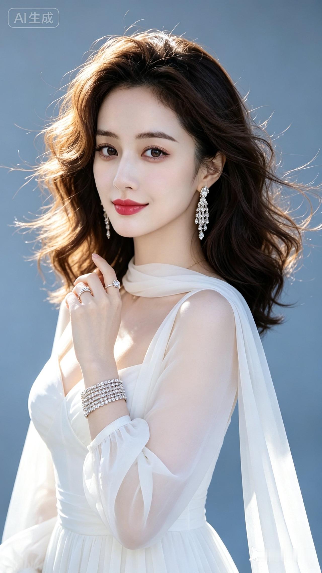 这位美女穿着白色长裙，戴闪亮首饰，真漂亮！