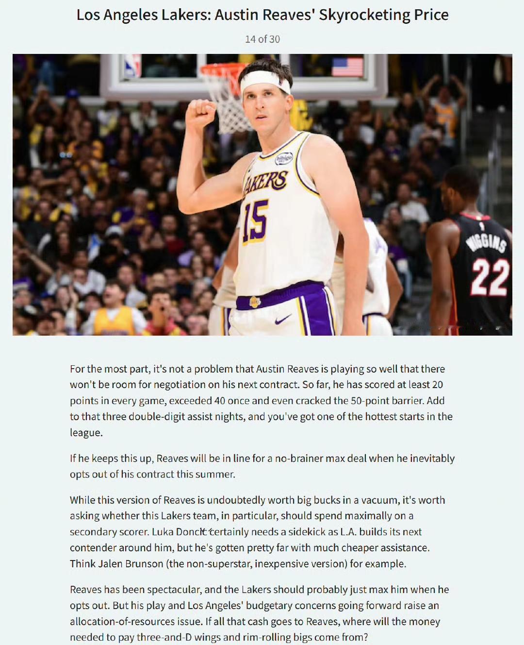 美媒说湖人现在最大问题，里夫斯身价飙升...这还确实是大问题，因为湖人几乎在