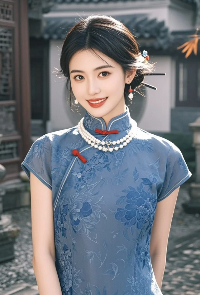 蓝如静水，眸若星辰，这组庭院旗袍写真，每一张都值得收藏