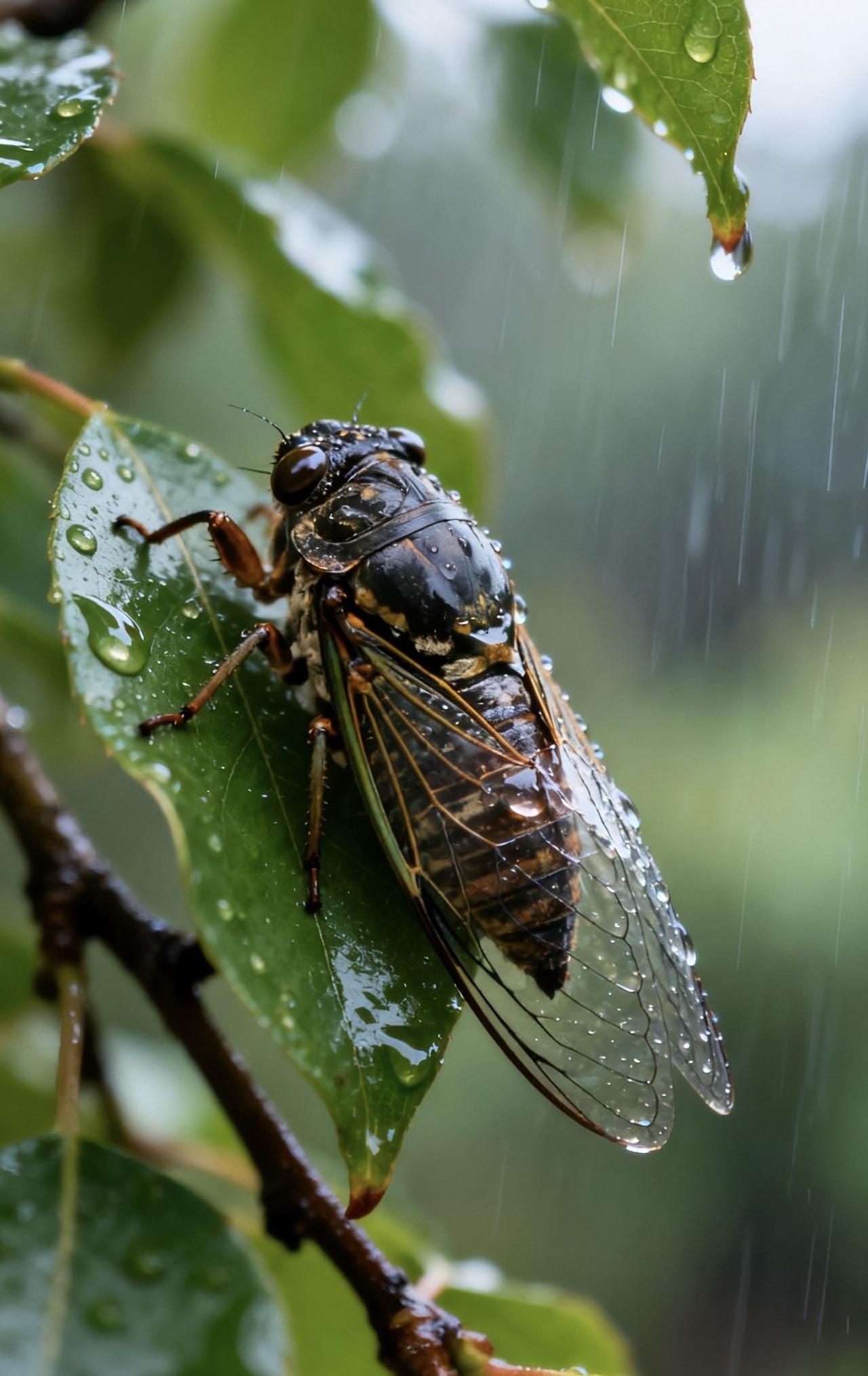 精美壁纸（827）🌈📝微距镜头拍下雨中的一幕，雨点打在树枝树叶上，知了静静