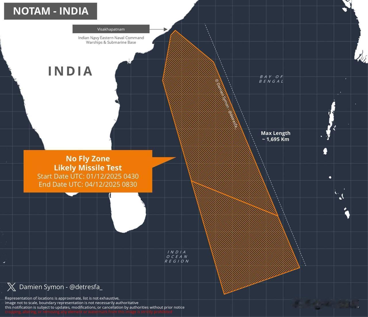 印度海军计划于2025年12月1日至4日在维沙卡帕特南海军基地附近进行导弹试验。