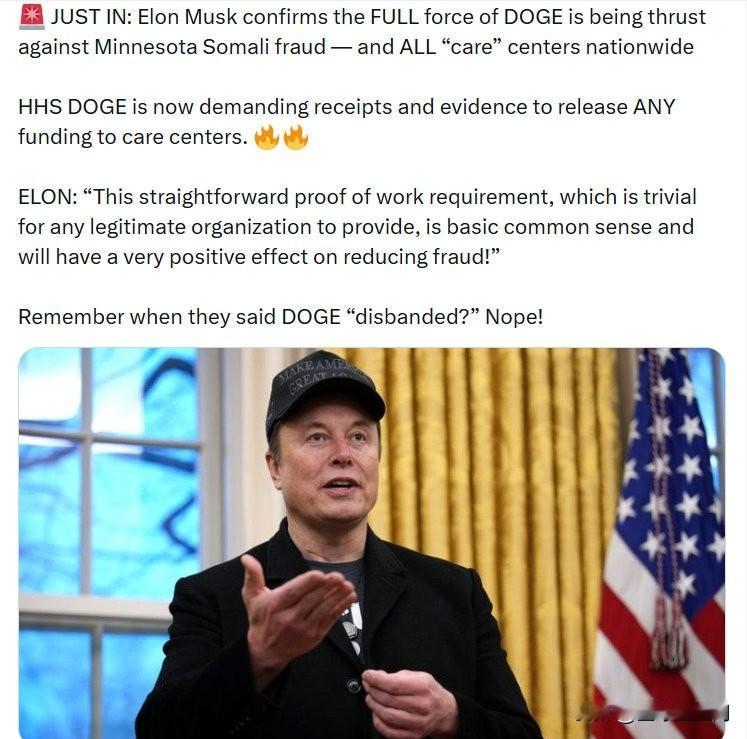 埃隆·马斯克确认：DOGE已全面出动，强力打击明尼苏达州索马里人相关的欺诈行为