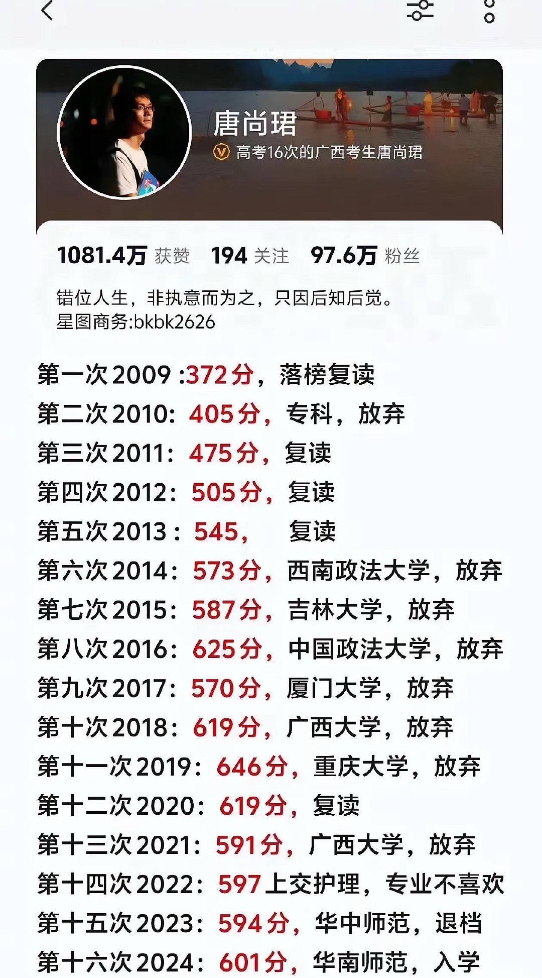能考上清华北大的人多少都带点天赋。唐尚珺就是一个很好的例子，年年进步年年复读，你