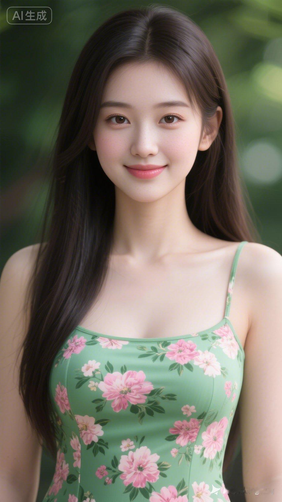 清新自然的美少女，粉色花朵的绿色连衣裙，阳光下的微笑。