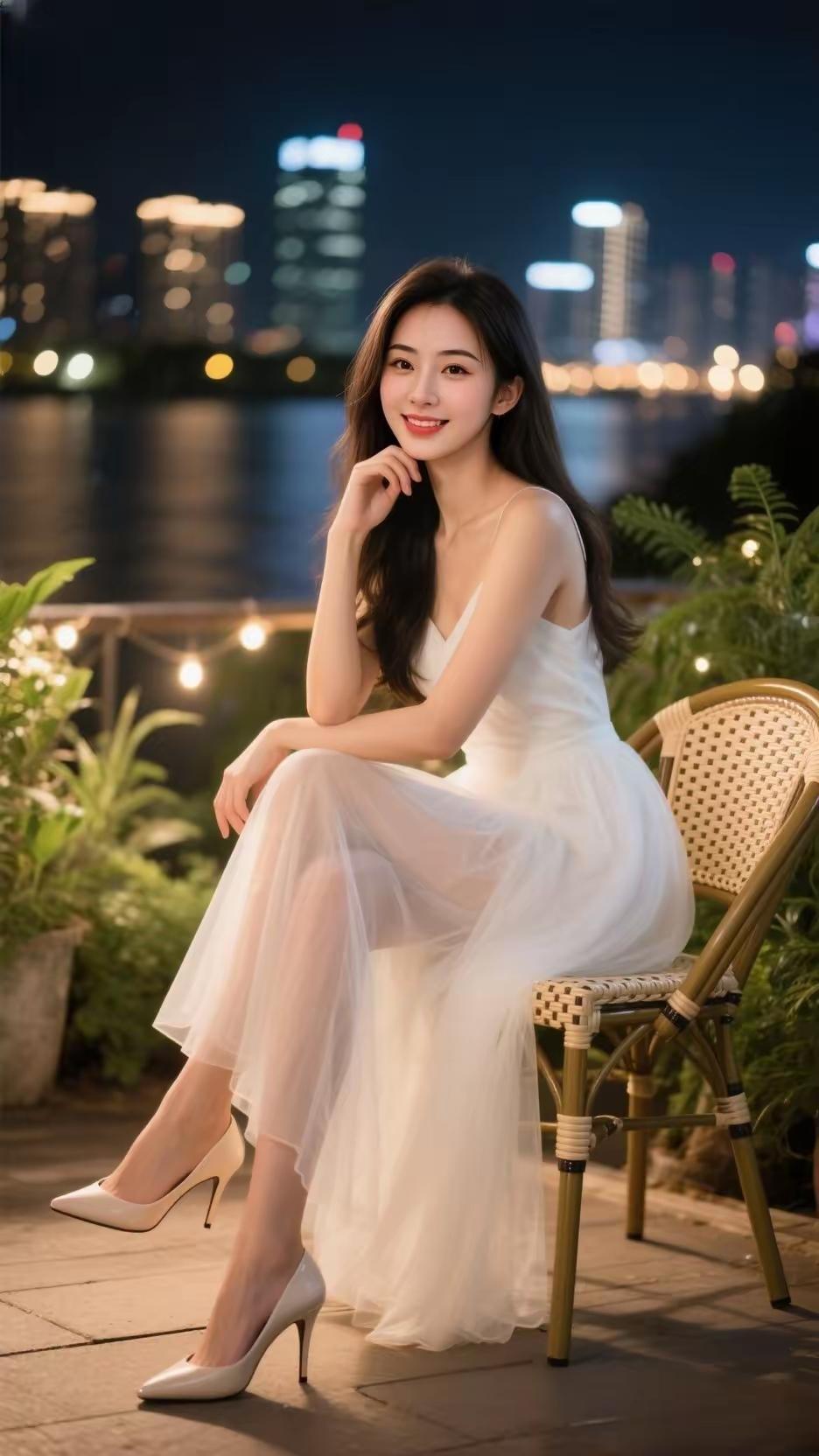 夜晚河畔，白裙少女，静坐思索，城市灯火映衬，浪漫氛围弥漫。