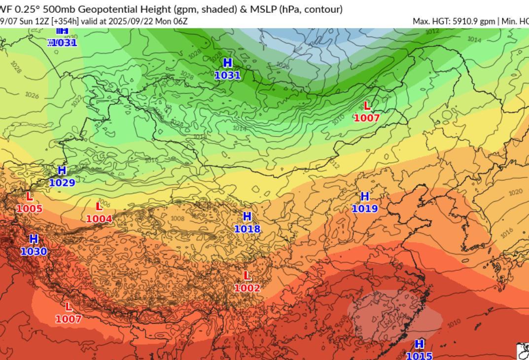 根据最新的数值预报看，9月22日副热带高压依然控制南方大多数地区，比如湖南