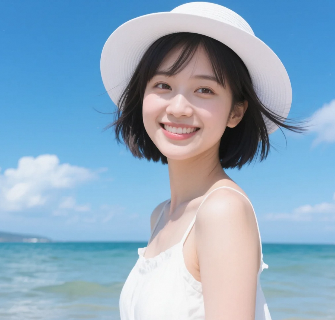 海边漫步，白色连衣裙随风飘扬的少女情怀