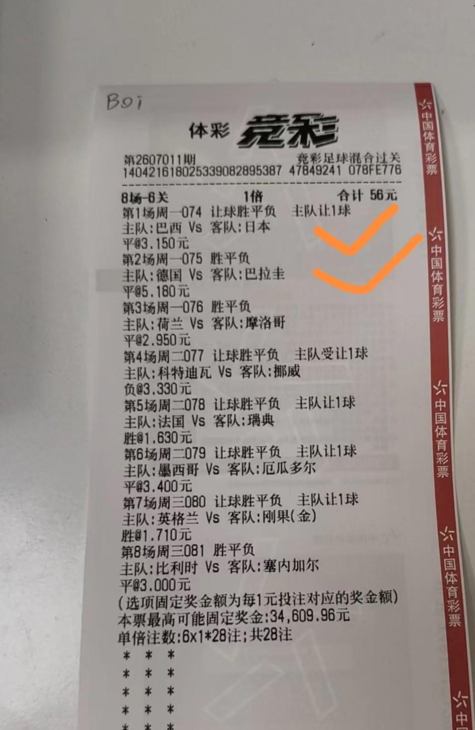 又看到一个足彩高手。8场比赛过6关，巴西、德国、荷兰三场比赛都是单关，竟然都猜