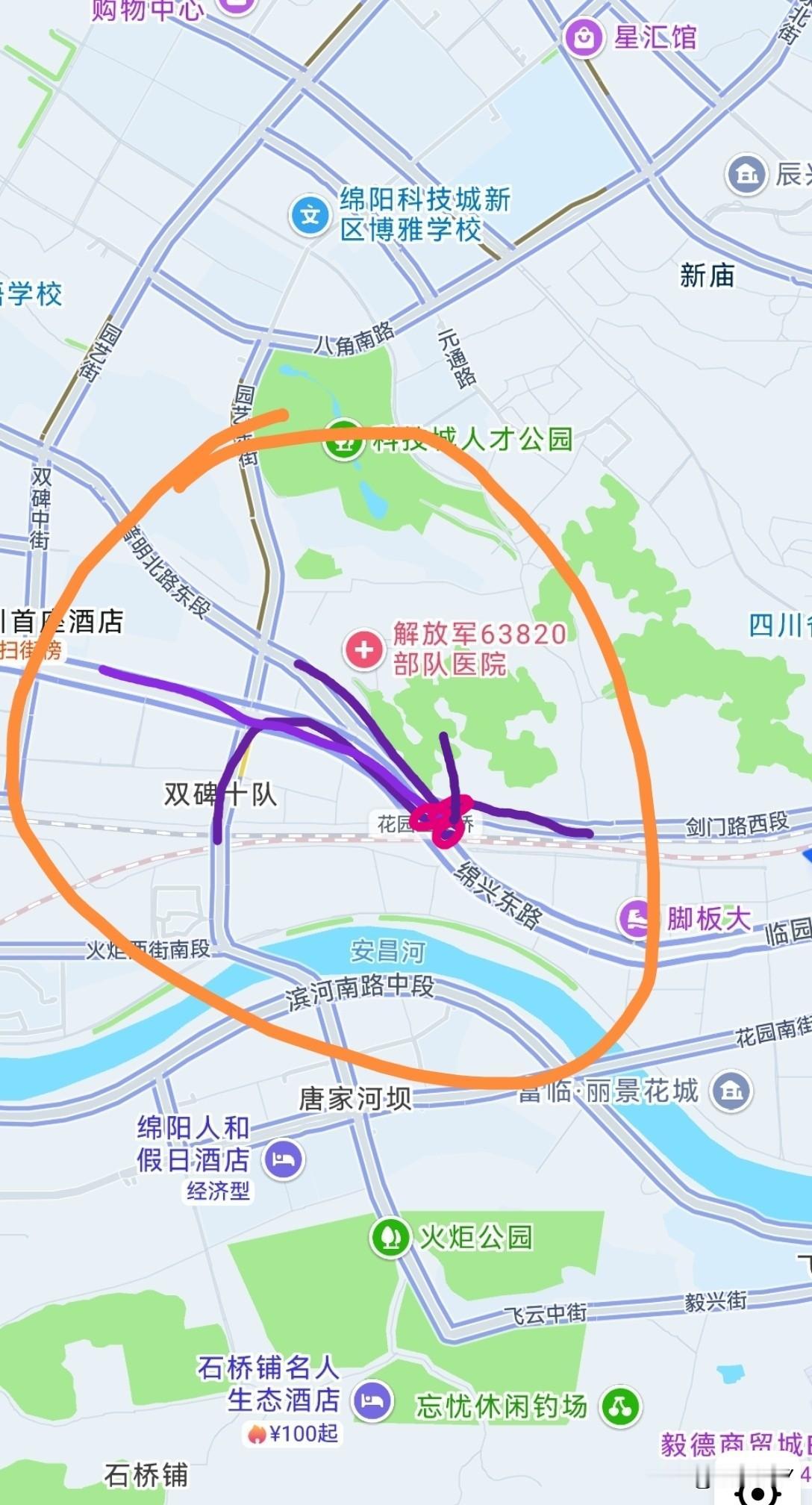 绵阳花园铁路立交承担5个方向的车流，如果未来绵兴路要建高架，一定要对这5个出口进