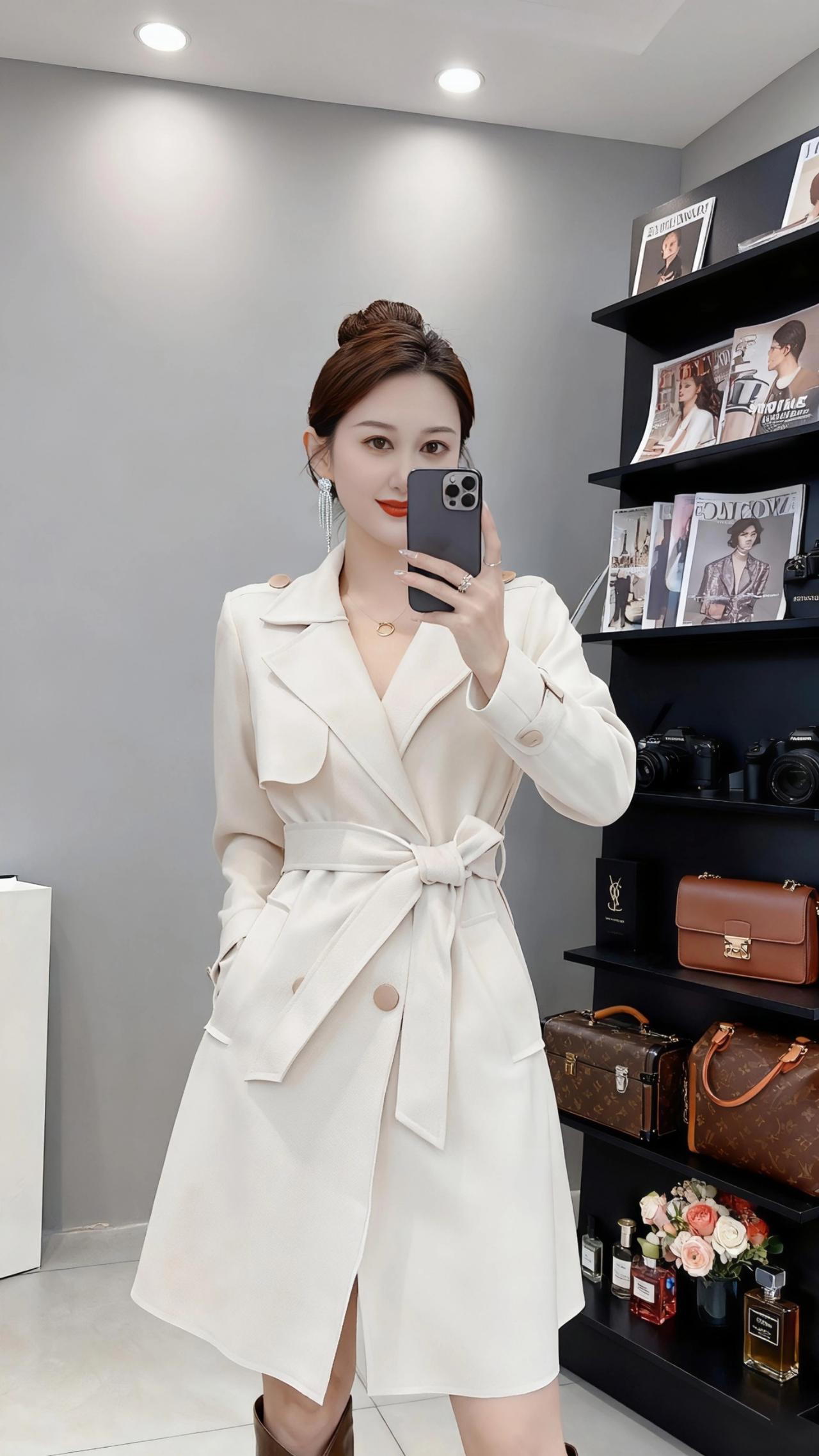 她把冬的凛冽，揉进了米白色的风里。是那种像刚化的雪水般温软的白，裹着翻领与