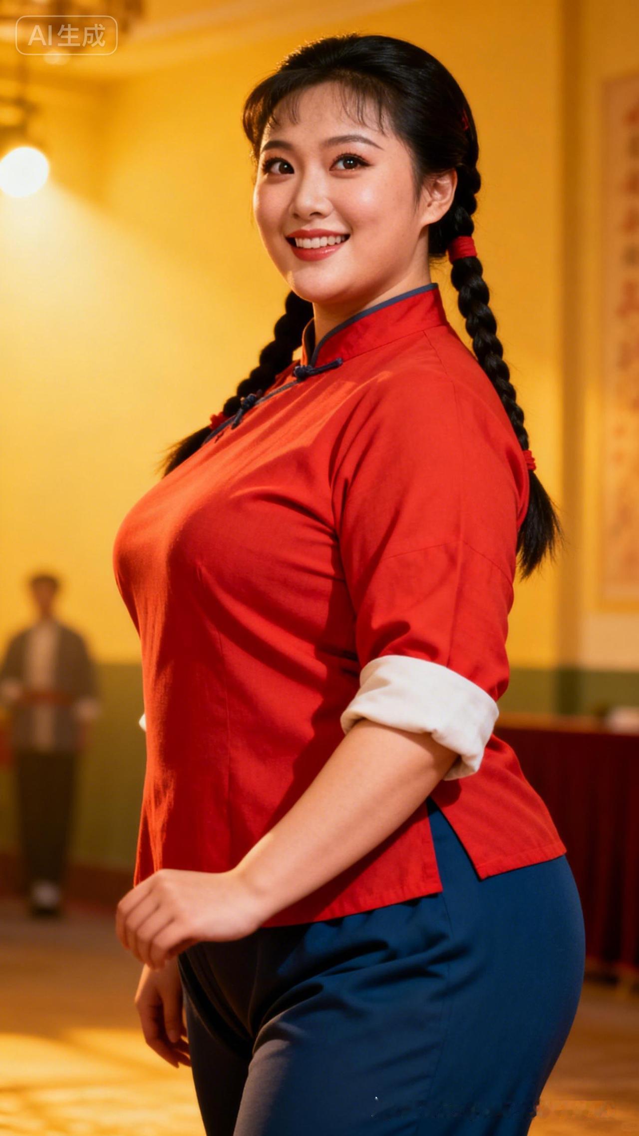 红衣少女，笑靥如花，传统与现代的完美融合。