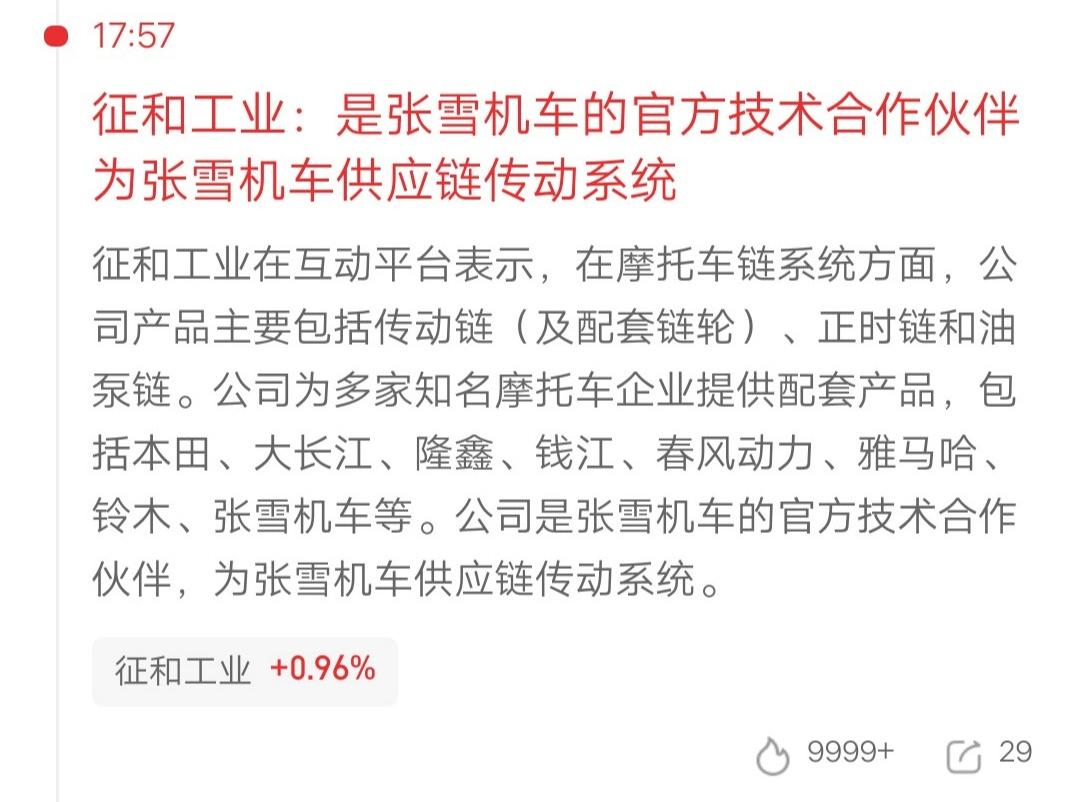 “是张雪机车的官方技术合作伙伴，为张雪机车供应链传动系统”。一位四川的股民，看