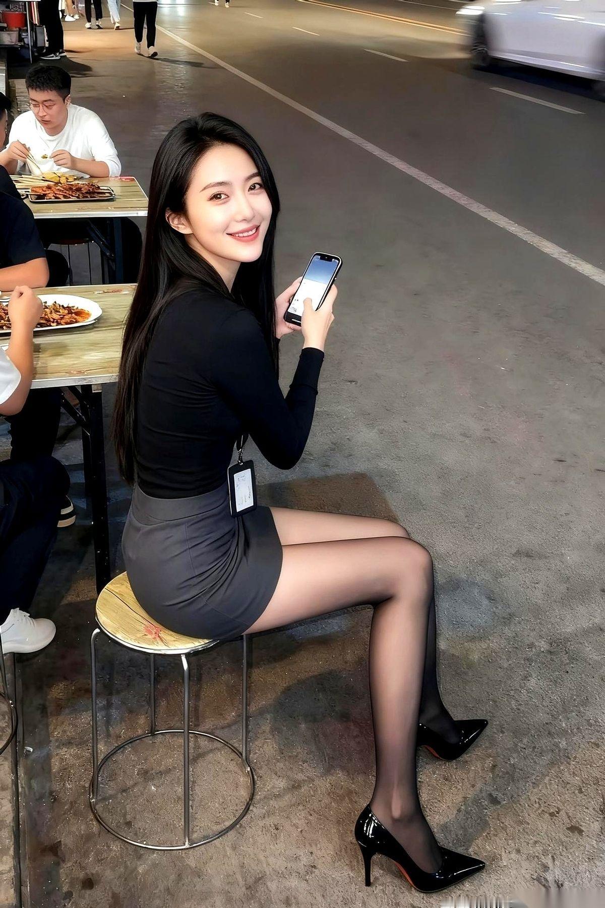 工牌还没摘的姑娘，一个人，安安静静地坐在了路边烧烤摊。那一瞬间，我跟你讲，周围