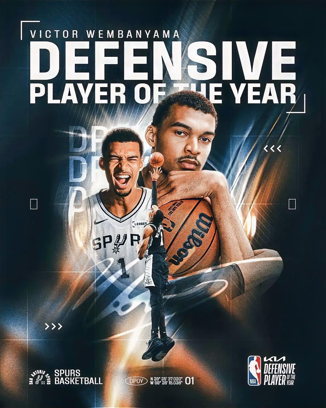 下面是一条关于马刺巨星文班亚马的重磅好消息！NBA官方正式公布了本赛季年度最佳防