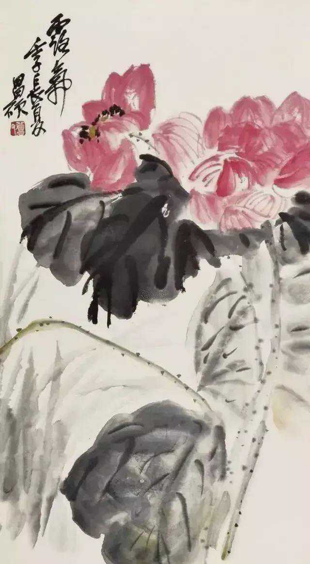 吴昌硕画荷。吴昌硕绘画题材以花卉为主，亦偶作山水。前期得到任颐指点，后又参用赵之