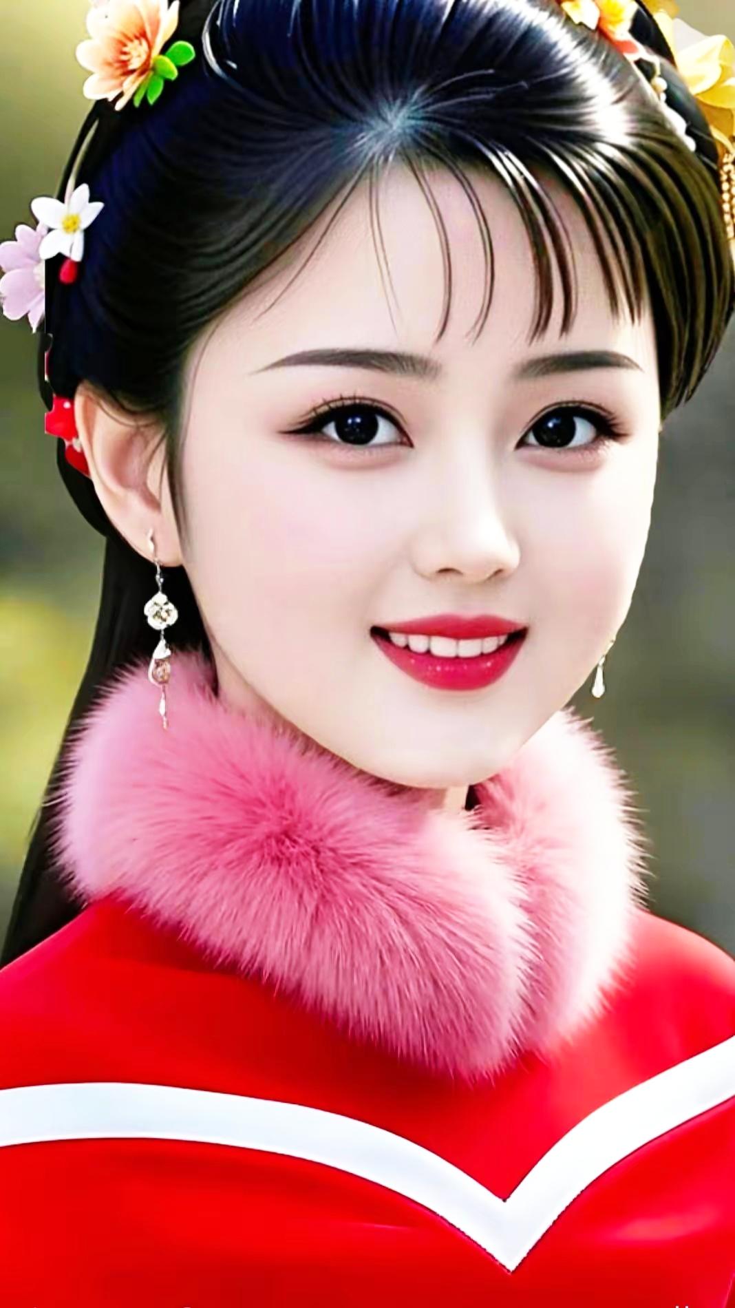 古典美人，红衣粉领，花饰点缀，宛如画中仙子。