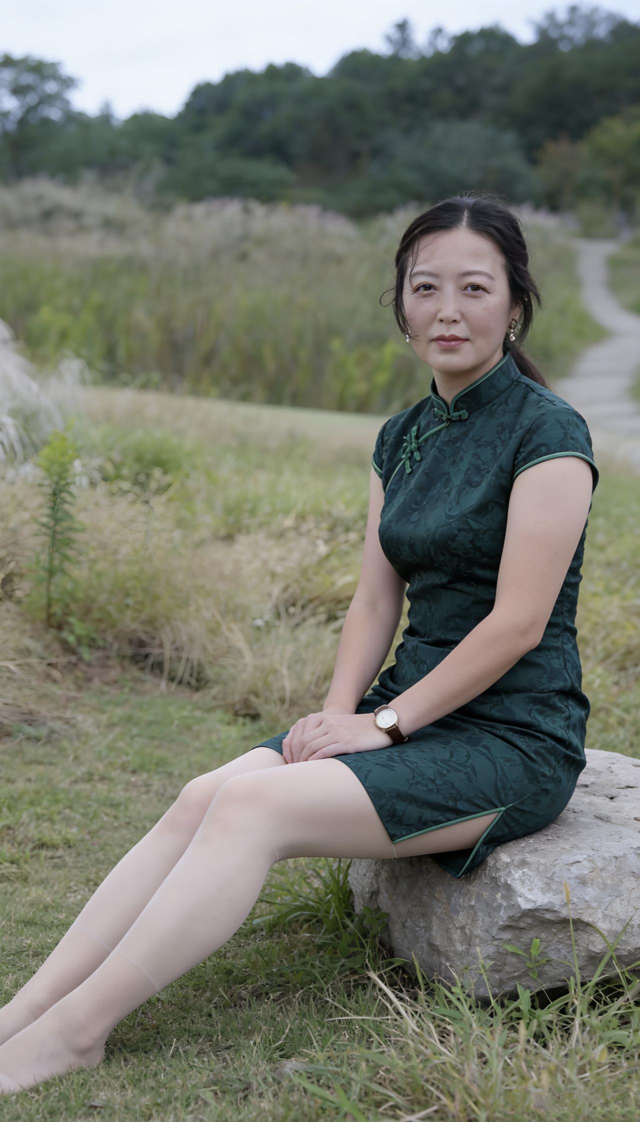 旗袍拍照想拍出韵味，在自然里取景就很不错。比如在绿意盎然的公园，旗袍开衩限制步伐