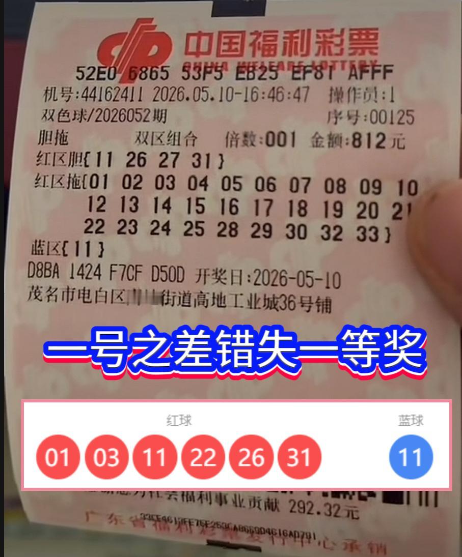 26052期双色球遗憾之事！广东茂名彩友一号之差错失头奖。双色球26052期