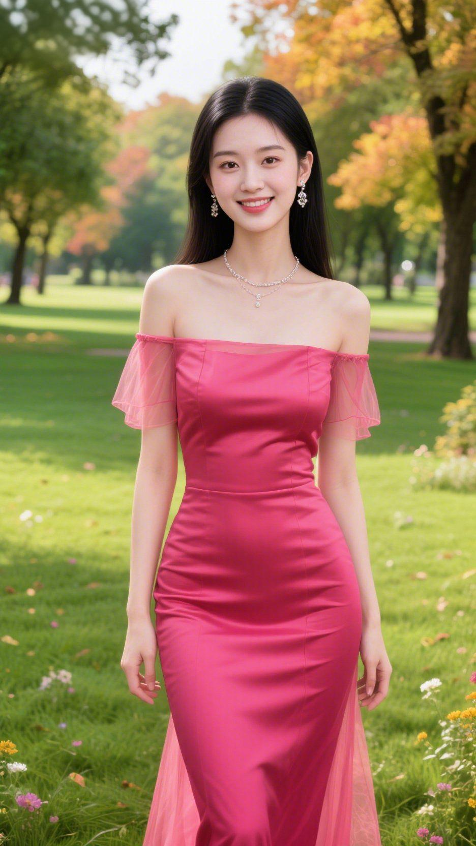 《绯裙映秋的清柔》她站在秋光轻染的草坪间，绯色裙装像将天边的晚霞裁作了衣料