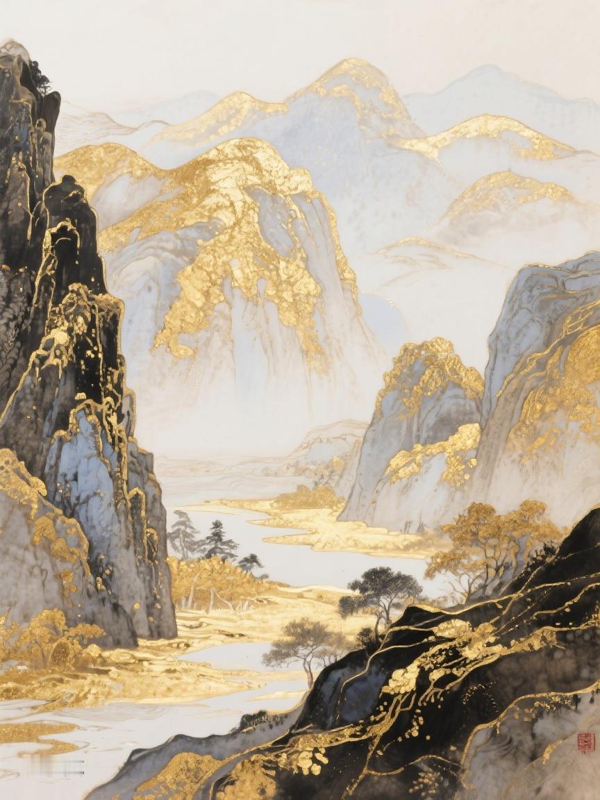 AI妙生图金辉覆峦，雾笼长河，山川不语，却藏着岁月的浩瀚，引我们探寻自然的奥秘。