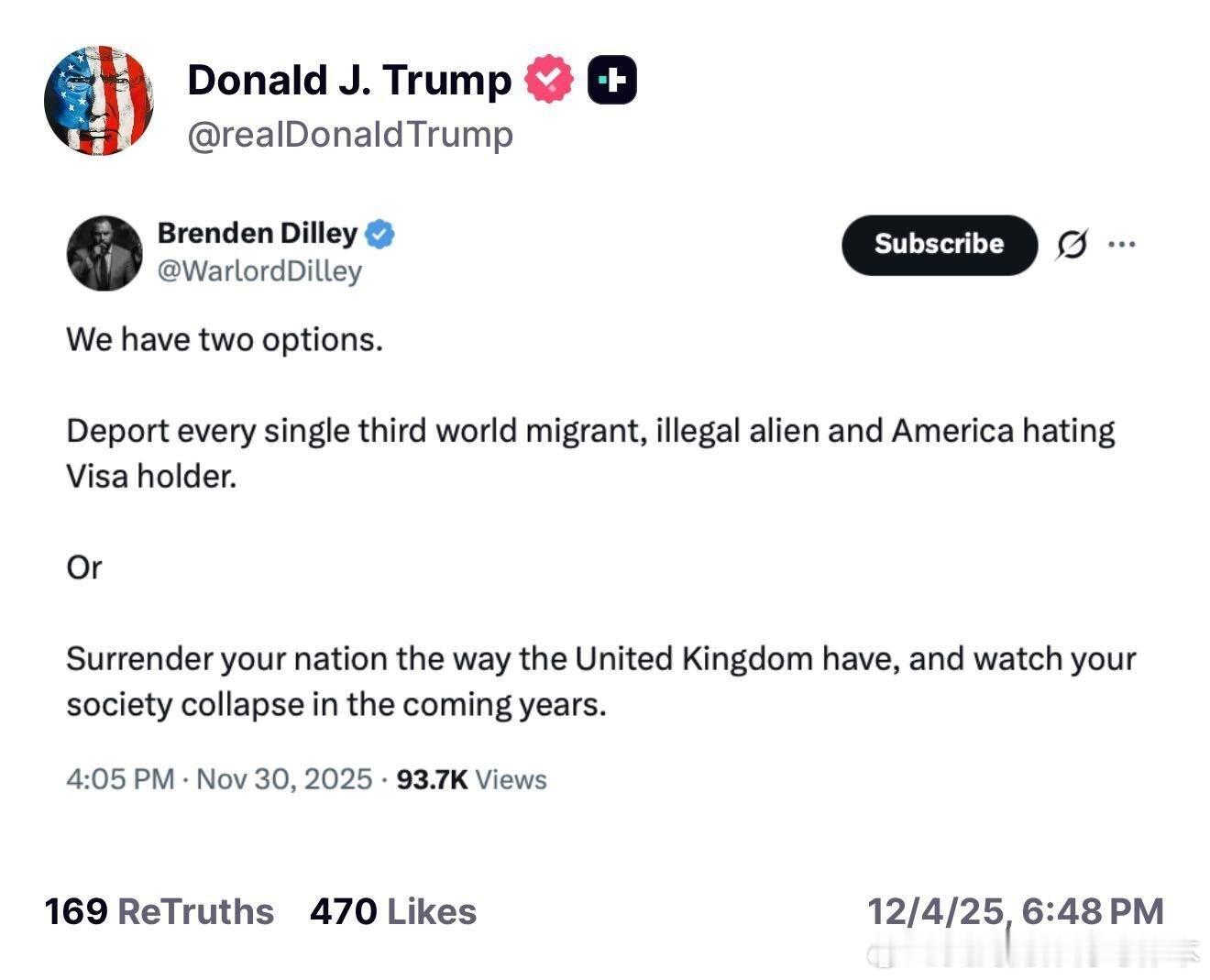 【黄金时代】川普总统现在发帖称，我们只有两个选择：“遣返所有第三世界移民、非法移