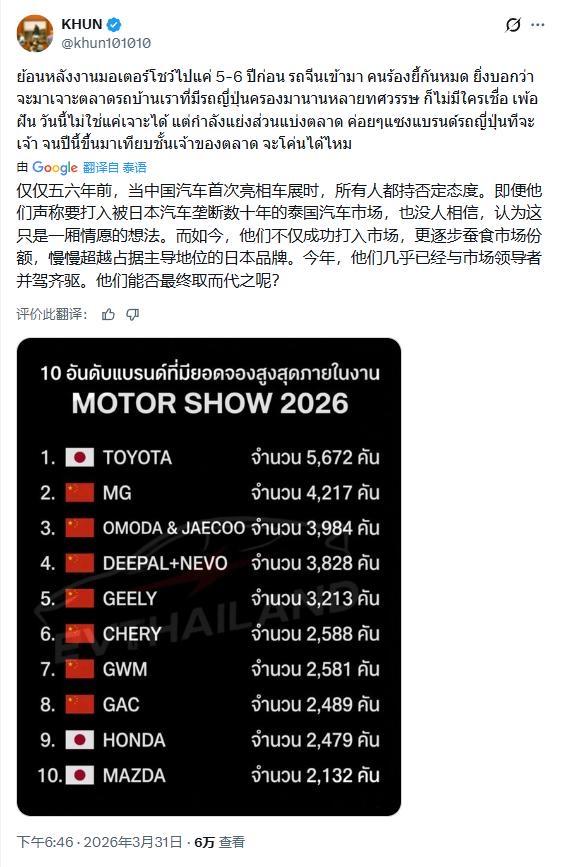 这是来自泰国社媒的感慨：五六年前中国汽车亮相泰国车展的时候，谁能想到会取得这样的