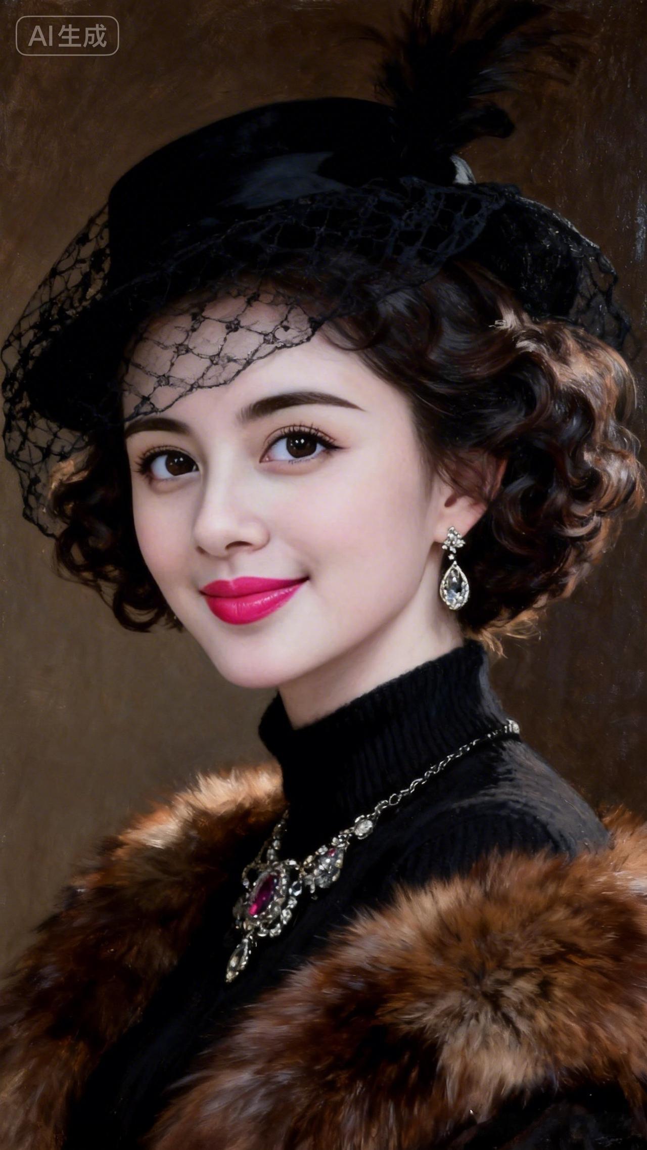 复古优雅，黑纱帽与红唇的完美结合，尽显高贵气质！👑💄👗