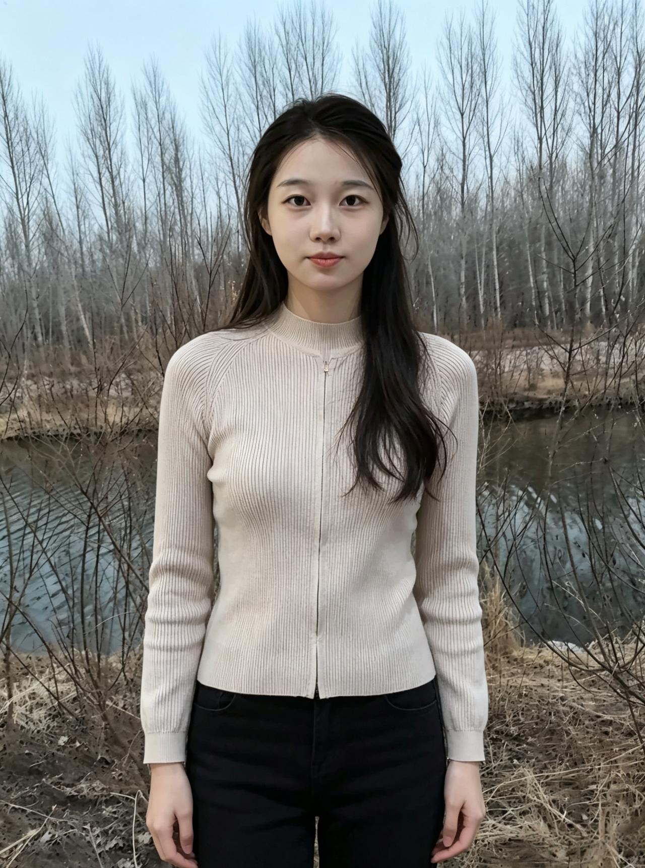 野有枯杨，其枝疏朗。有美一人，素衣清扬。明眸若水，凝露含光。立乎溪畔，与春