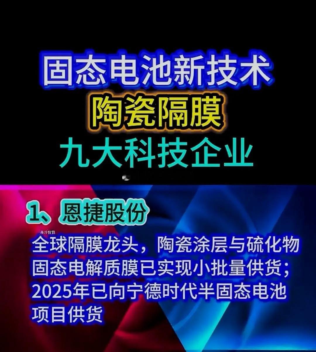 固态电池新技术——陶瓷隔膜。相关9家前沿科技企业。名单仅供参考，不做投资依据。一