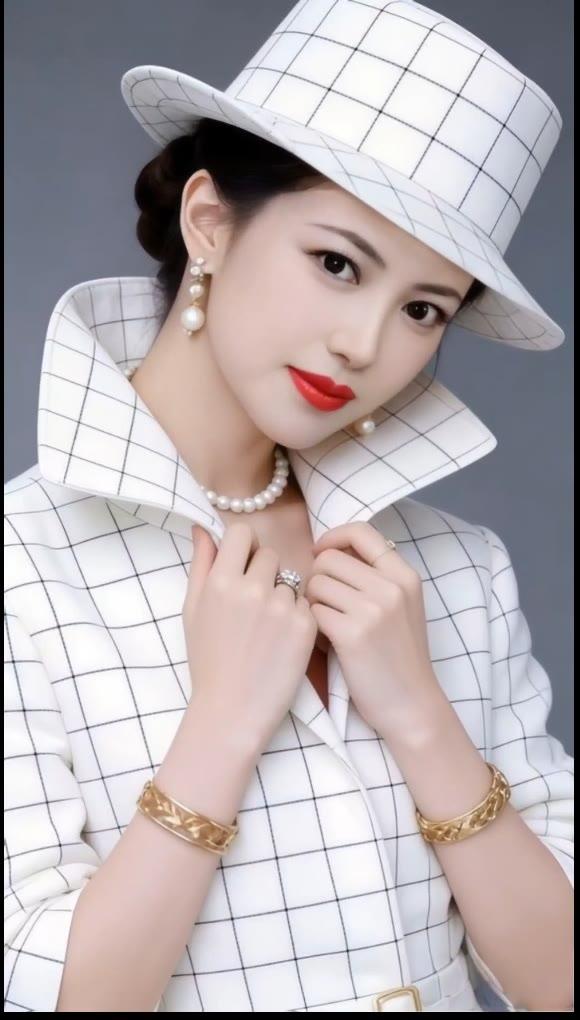 优雅复古风，珍珠项链与格子套装的完美搭配，尽显女性魅力！
