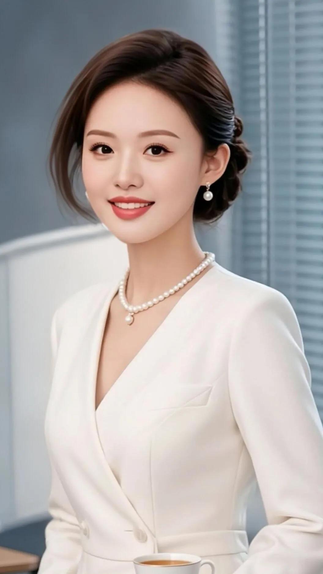 优雅白领，珍珠项链，微笑动人，咖啡相伴。