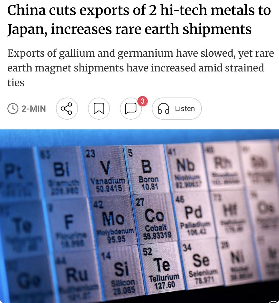 外媒：中国今年1-2月对日本的镓和锗出口量降至零，去年同期分别为8007公斤和4