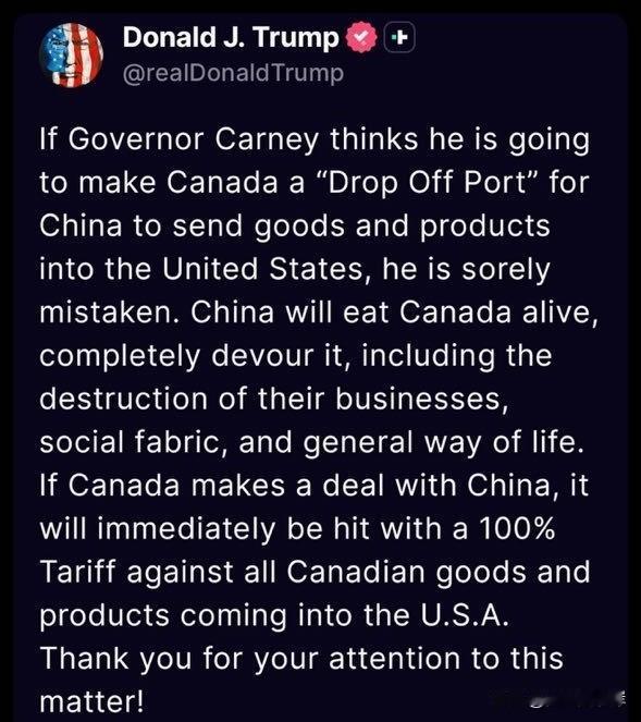 川普威胁加拿大称将向其商品加征100%关税。“如果卡尼州长认为他要让加拿大成为